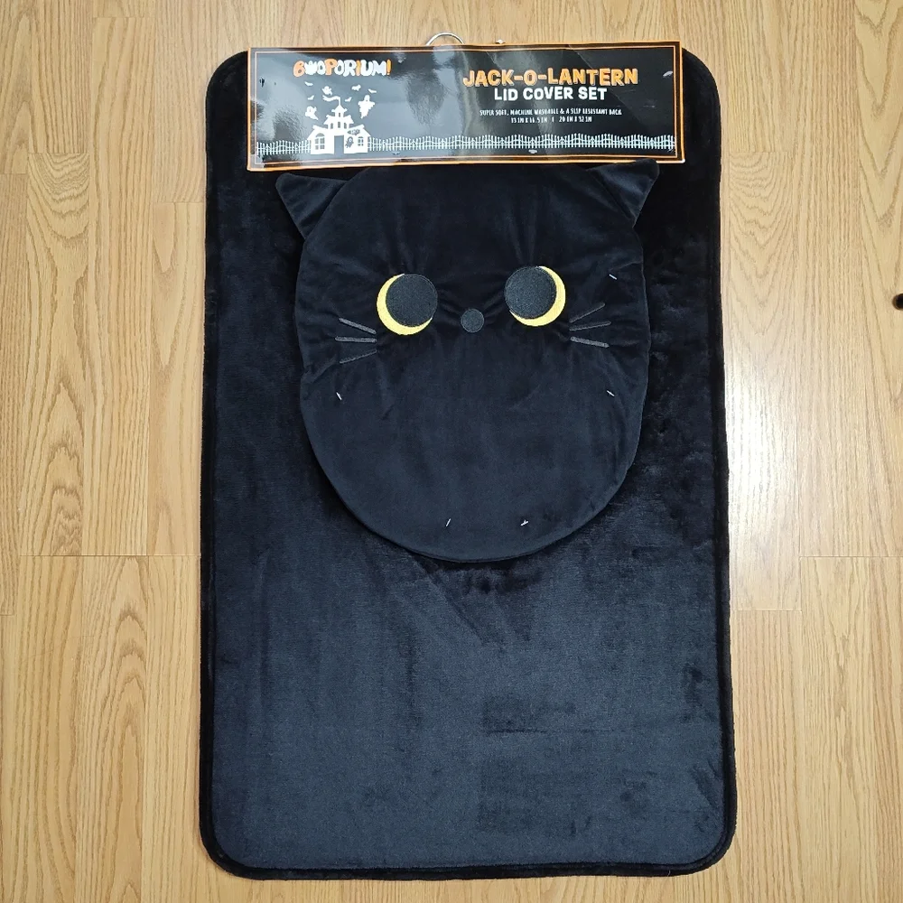 Jack-o'-lantern Black Cat Toilet Lid Cover & Bath Mat Rug SET